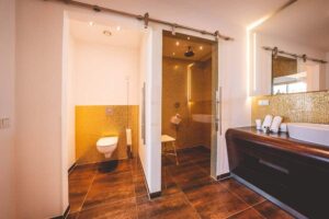 Badezimmer eines Patientenzimmers mit großzügiger Dusche, Toilette und Waschbecken.